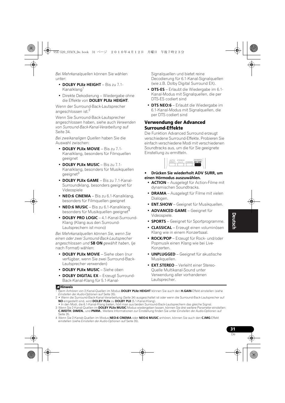 Verwendung der advanced surround-effekte | Pioneer VSX-520-S User Manual | Page 87 / 228