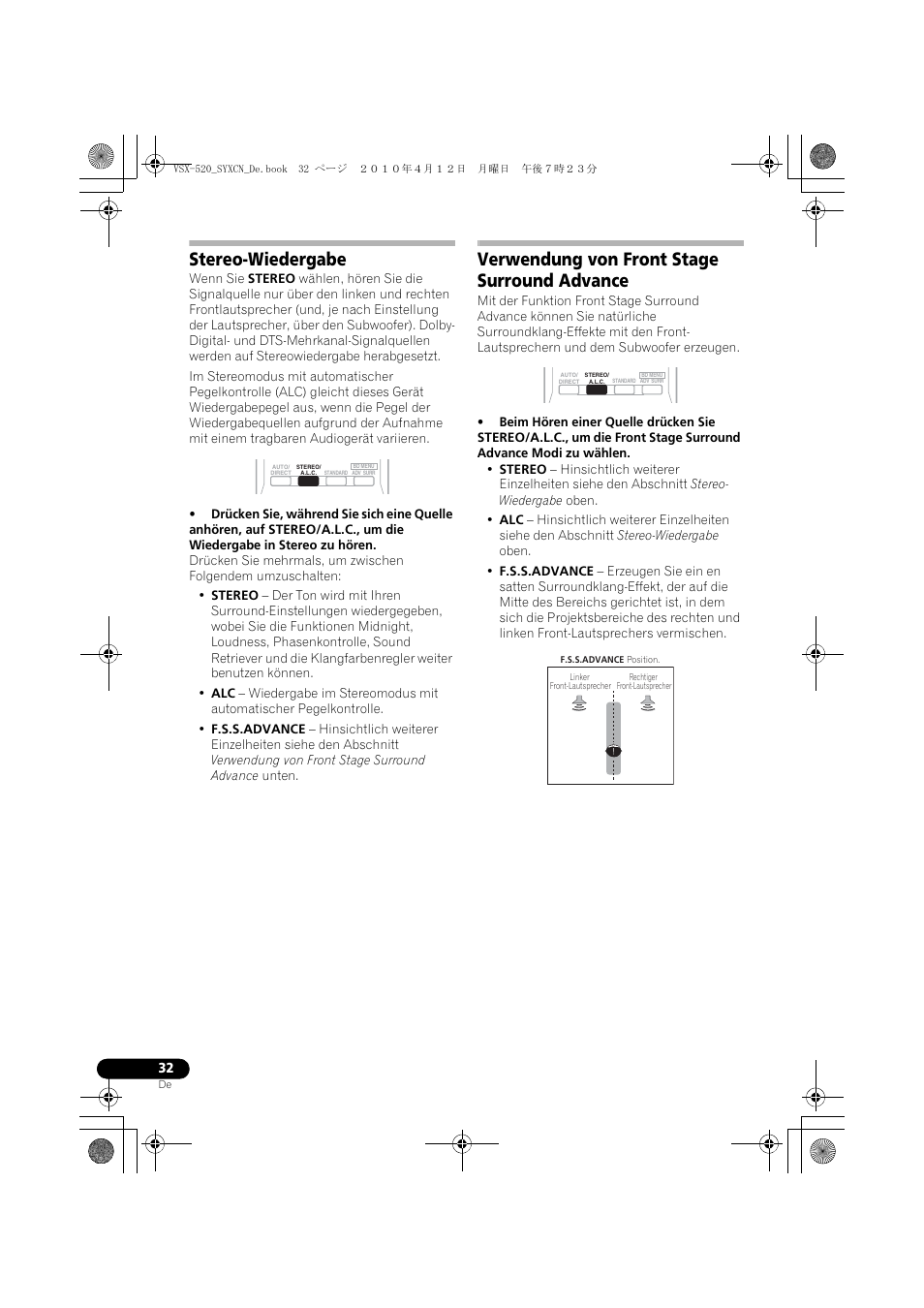 Stereo-wiedergabe, Verwendung von front stage surround advance | Pioneer VSX-520-S User Manual | Page 88 / 228