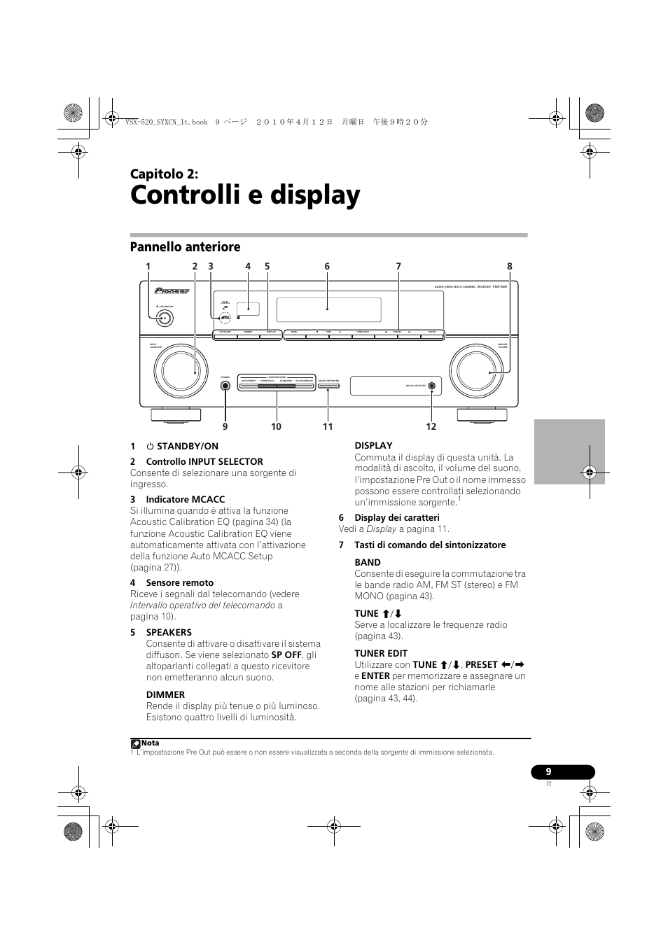 Controlli e display, Pannello anteriore, 02 controlli e display | Capitolo 2 | Pioneer VSX-520-S User Manual | Page 9 / 228
