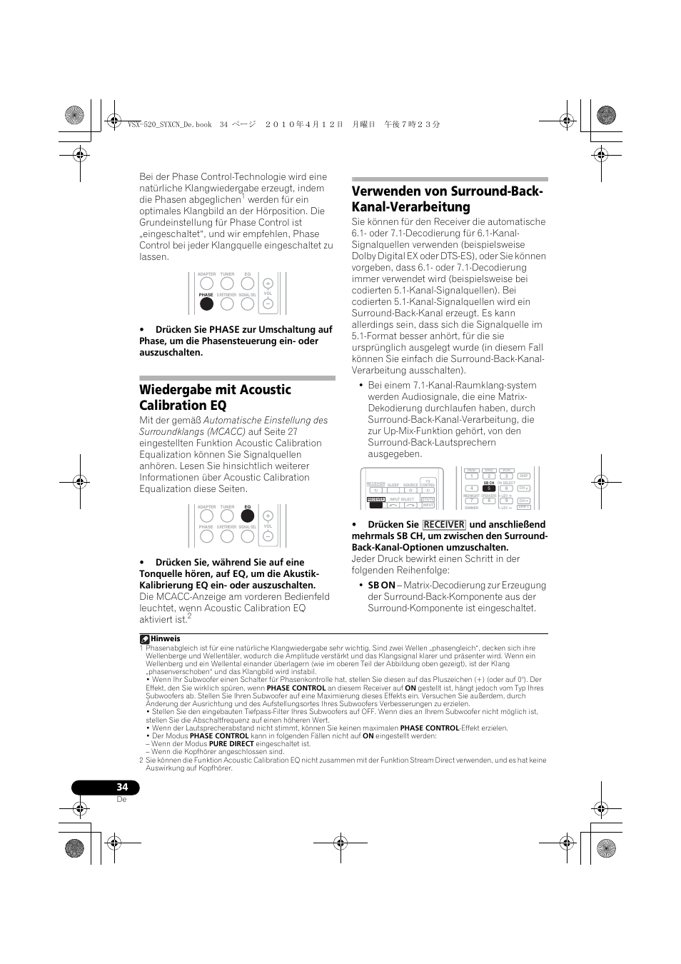 Wiedergabe mit acoustic calibration eq, Verwenden von surround-back- kanal-verarbeitung, Verwenden von surround-back-kanal- verarbeitung | Receiver | Pioneer VSX-520-S User Manual | Page 90 / 228