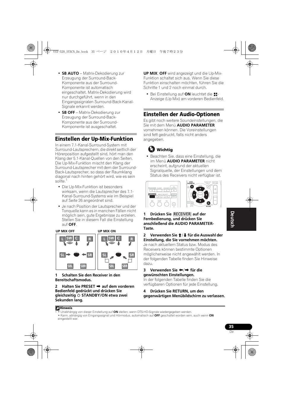 Einstellen der up-mix-funktion, Einstellen der audio-optionen | Pioneer VSX-520-S User Manual | Page 91 / 228