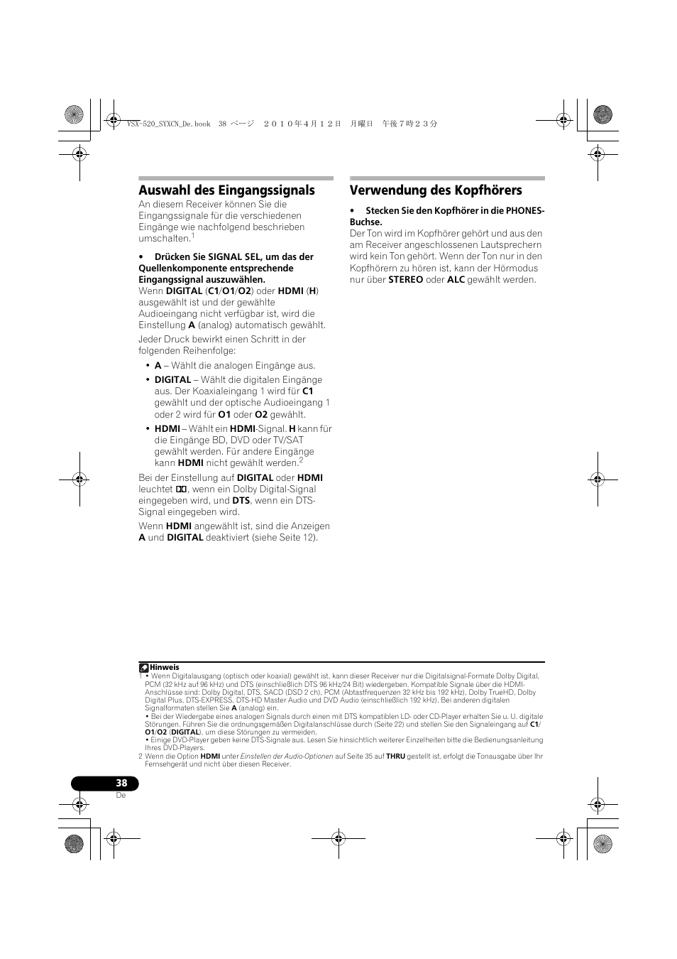 Auswahl des eingangssignals, Verwendung des kopfhörers | Pioneer VSX-520-S User Manual | Page 94 / 228