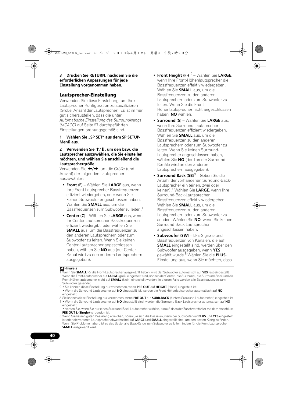 Lautsprecher-einstellung | Pioneer VSX-520-S User Manual | Page 96 / 228