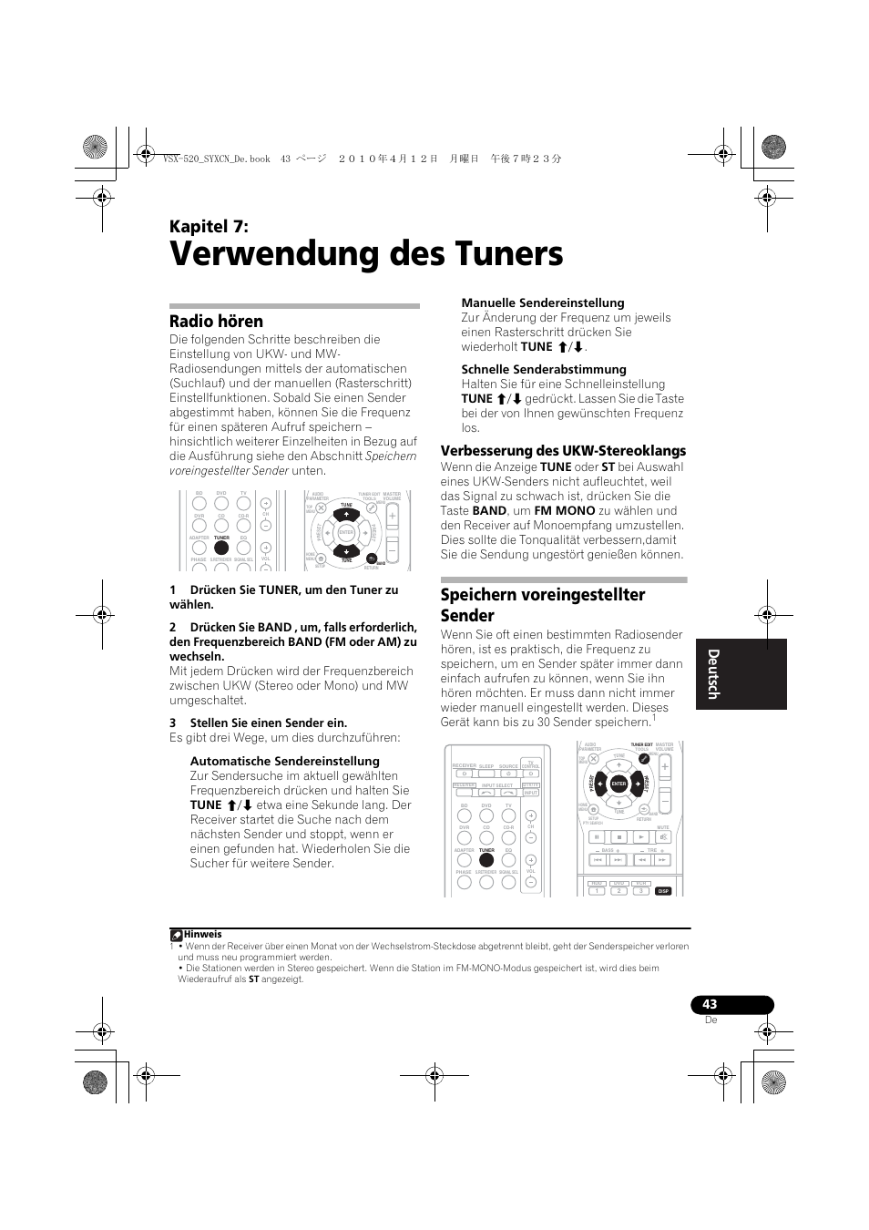 Verwendung des tuners, Radio hören, Verbesserung des ukw-stereoklangs | Speichern voreingestellter sender, 07 verwendung des tuners, Kapitel 7 | Pioneer VSX-520-S User Manual | Page 99 / 228