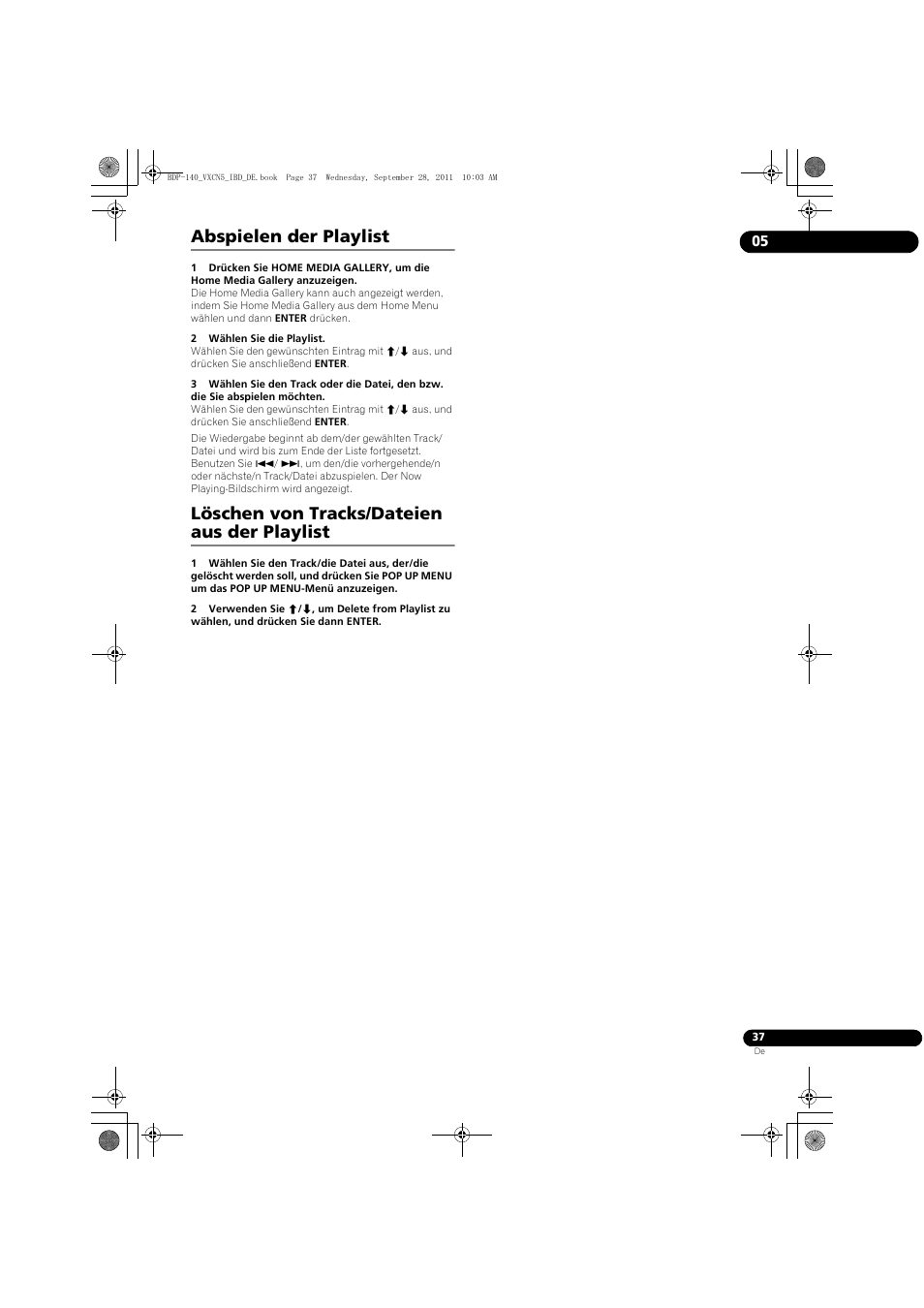 Abspielen der playlist, Löschen von tracks/dateien aus der playlist | Pioneer BDP-140 User Manual | Page 103 / 308