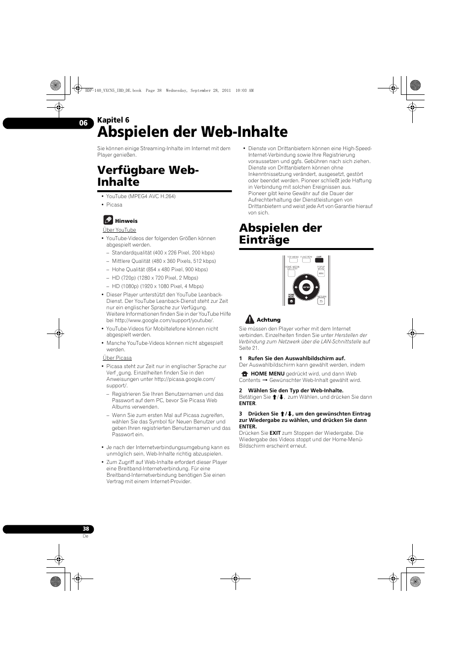 Verfügbare web-inhalte abspielen der einträge, Abspielen der web-inhalte, Verfügbare web- inhalte | Abspielen der einträge, Kapitel 6 | Pioneer BDP-140 User Manual | Page 104 / 308