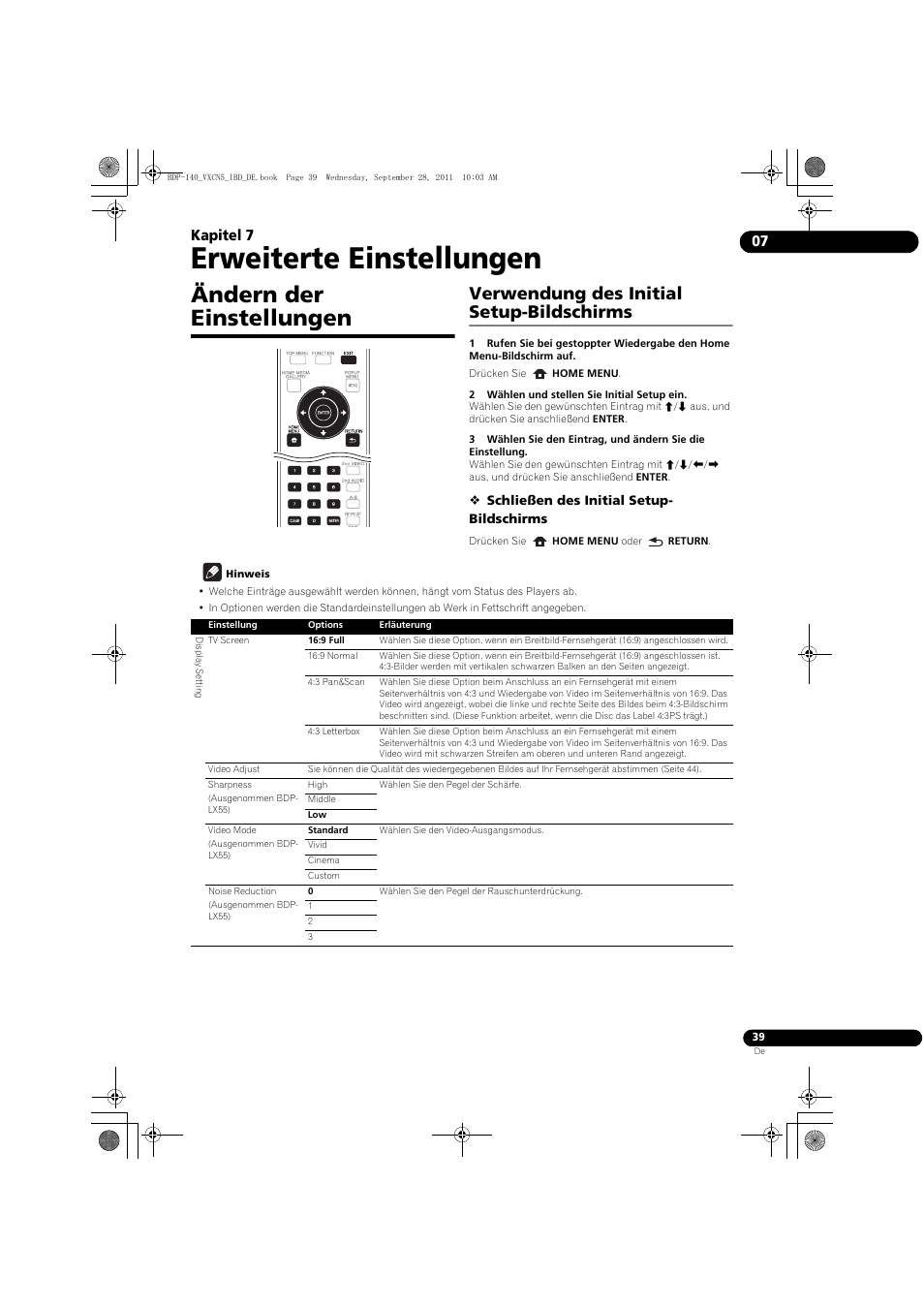 Ändern der einstellungen, Verwendung des initial setup-bildschirms, Erweiterte einstellungen | 07 kapitel 7 | Pioneer BDP-140 User Manual | Page 105 / 308