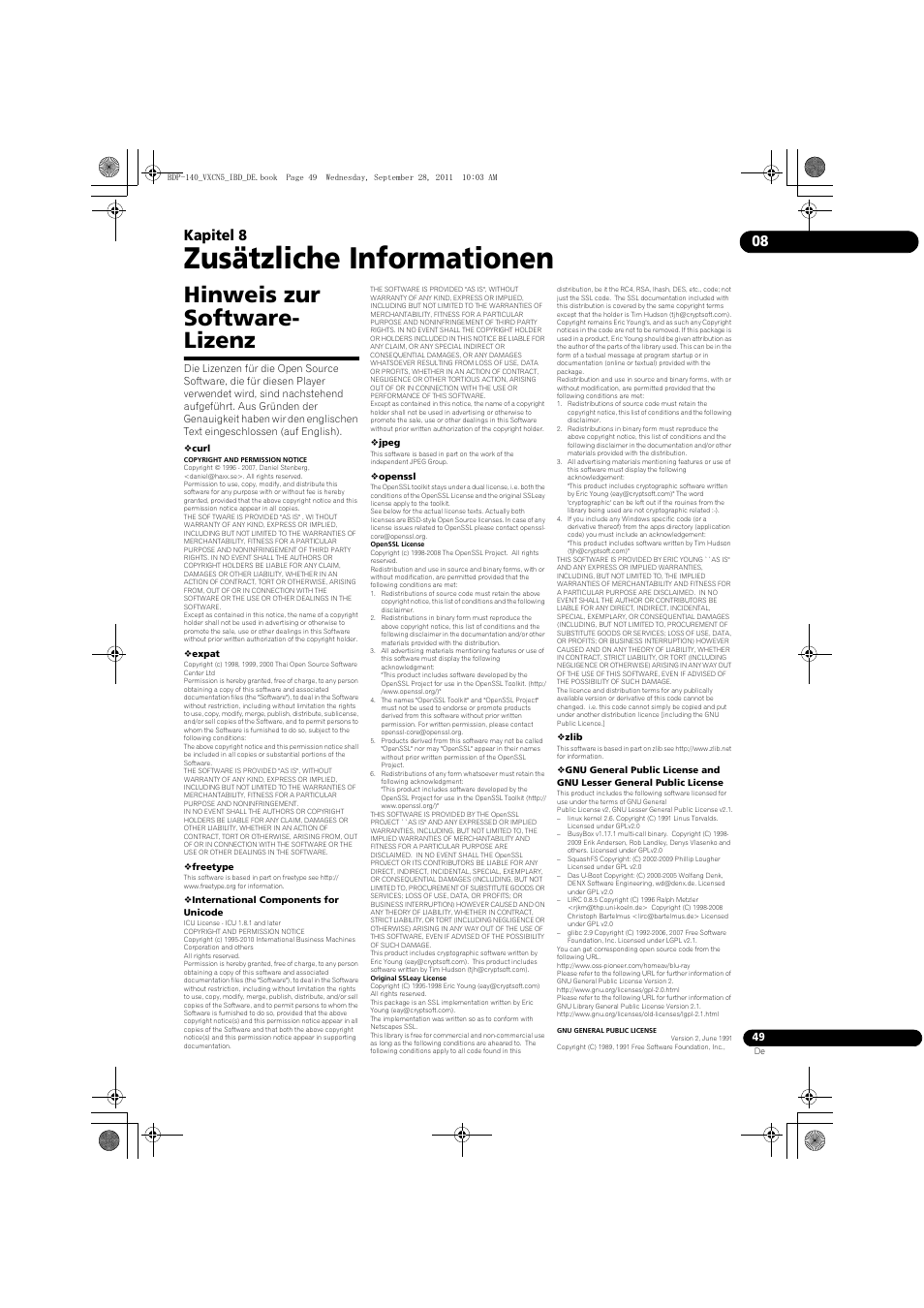 Hinweis zur software-lizenz, Zusätzliche informationen, Hinweis zur software- lizenz | 08 kapitel 8 | Pioneer BDP-140 User Manual | Page 115 / 308