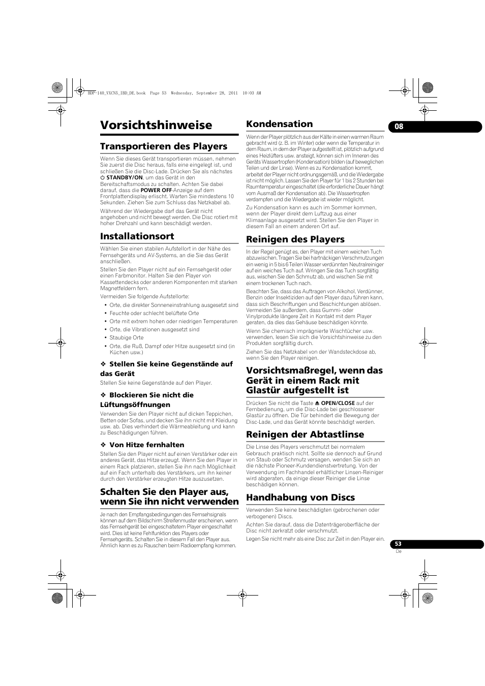 Vorsichtshinweise, Transportieren des players, Installationsort | Kondensation, Reinigen des players, Reinigen der abtastlinse, Handhabung von discs | Pioneer BDP-140 User Manual | Page 119 / 308