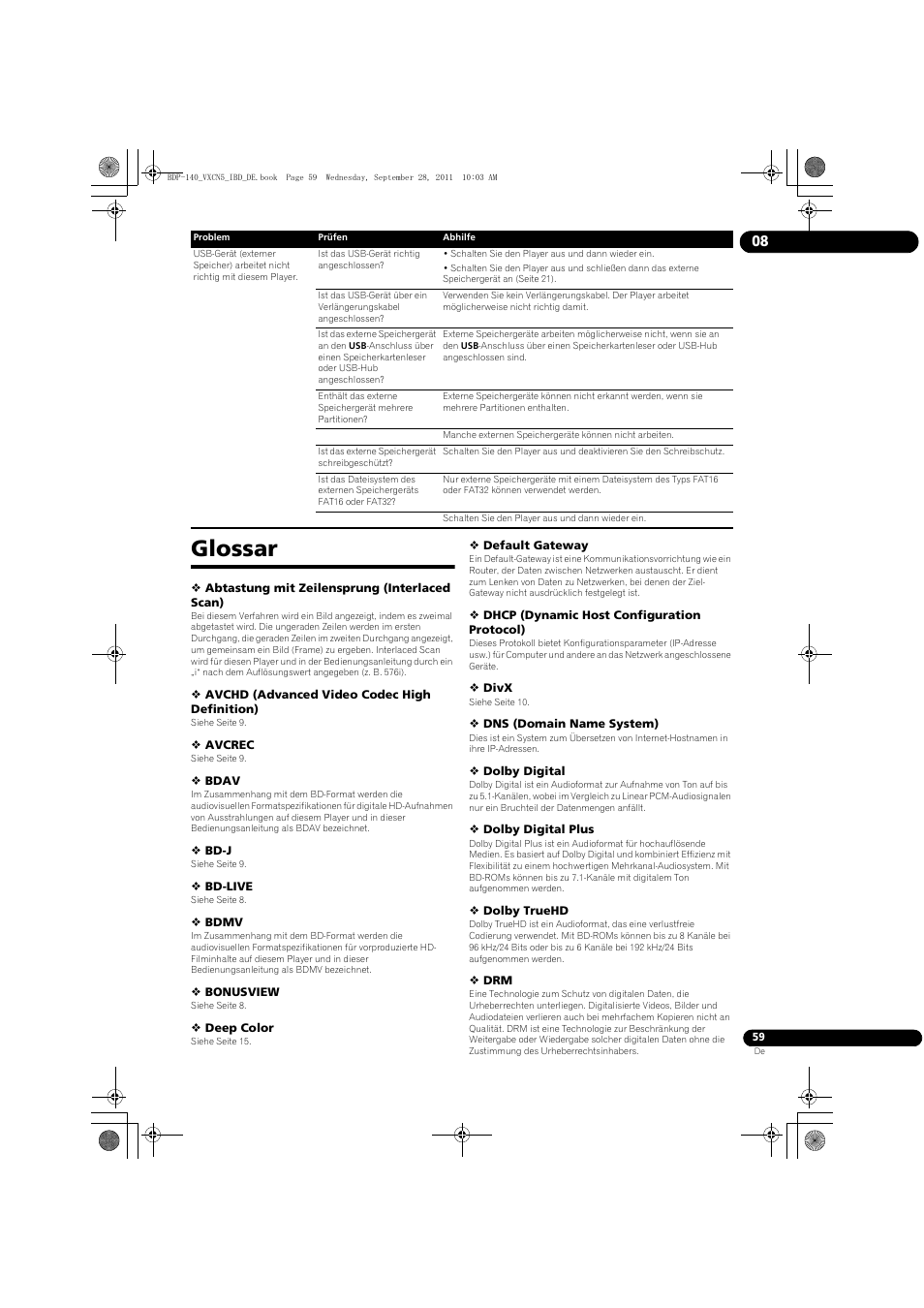 Glossar | Pioneer BDP-140 User Manual | Page 125 / 308