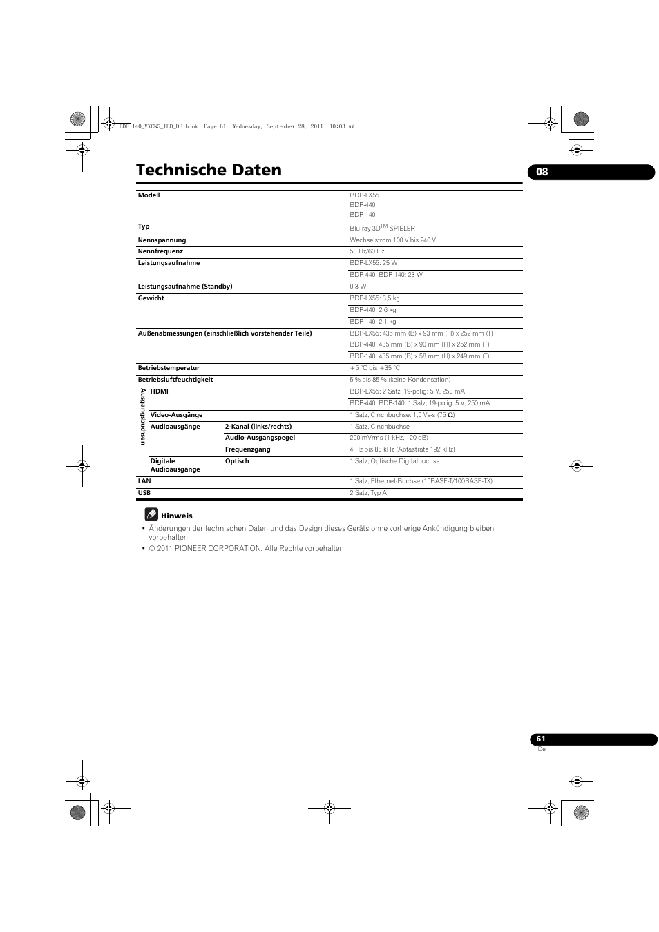 Technische daten | Pioneer BDP-140 User Manual | Page 127 / 308