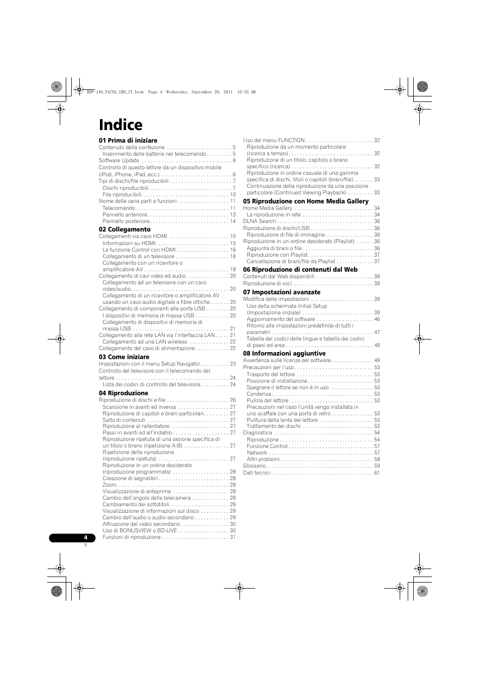 Uzioni per l’uso, Riproduttore di blu-ray 3d, Indice | Pioneer BDP-140 User Manual | Page 130 / 308