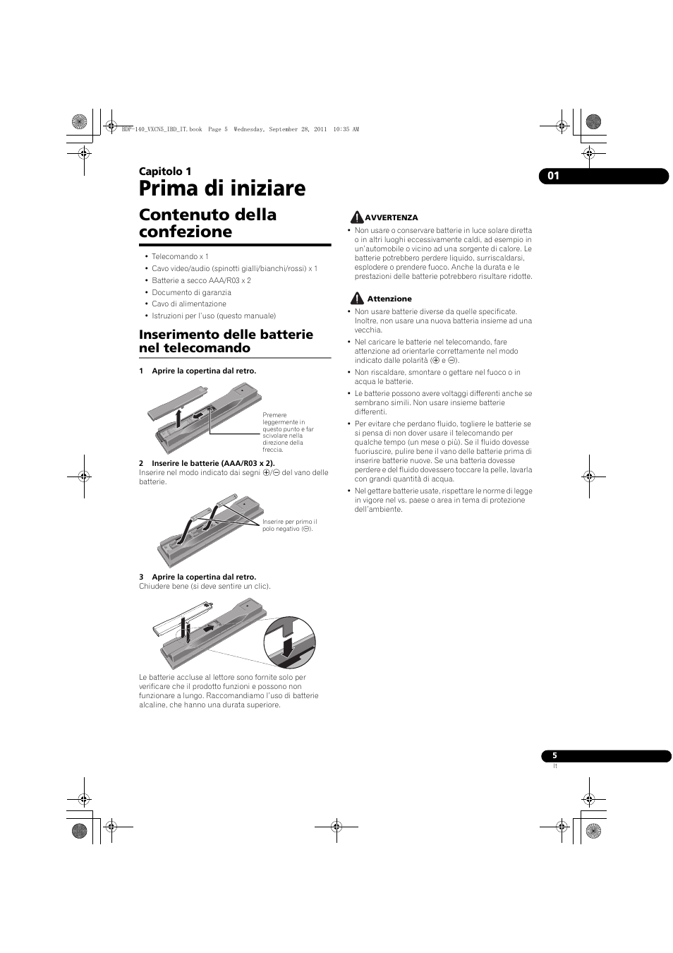 Contenuto della confezione, Inse, Rimento delle batterie nel telecomando | Prima di iniziare, Inserimento delle batterie nel telecomando, 01 capitolo 1 | Pioneer BDP-140 User Manual | Page 131 / 308