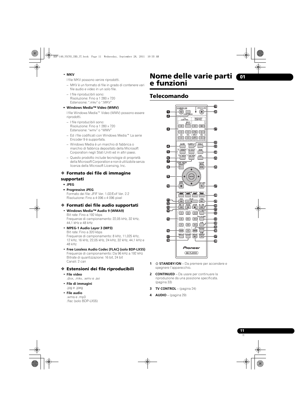 Nome delle va, Rie parti e funzioni, Telecomando | Nome delle varie parti e funzioni | Pioneer BDP-140 User Manual | Page 137 / 308