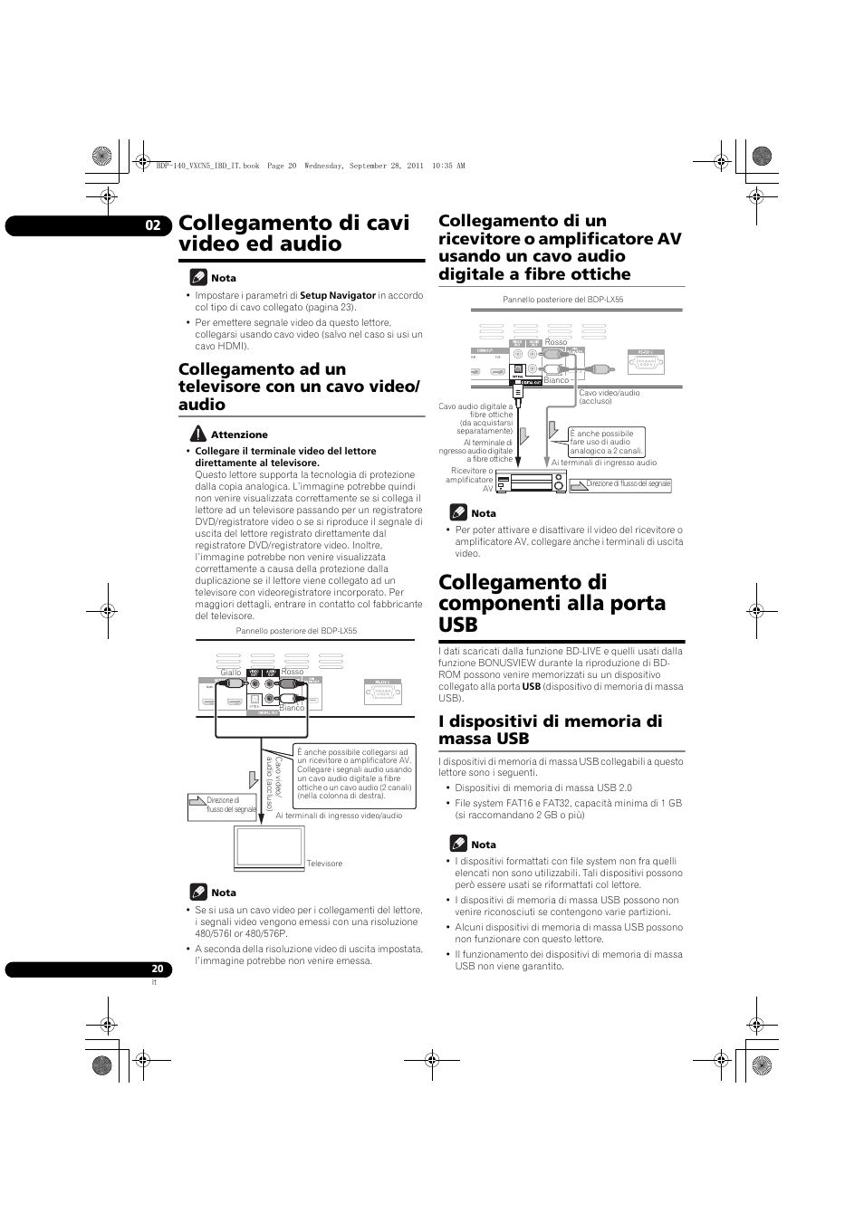 Collegamento di cavi video ed audio, Collegamento ad un televiso, Re con un cavo | Video/audio collegamento di un, Ricevitore o amplificatore av, Usando un cavo audio digitale a fib, Re ottiche, Collegamento di com, Ponenti alla porta usb, I dis | Pioneer BDP-140 User Manual | Page 146 / 308