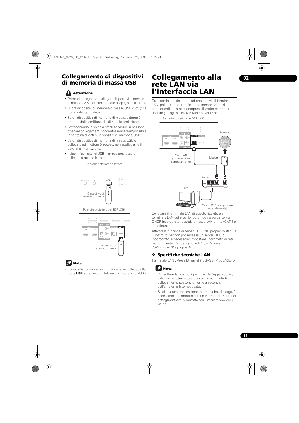 Collegamento di dis, Positivi di memoria di, Massa usb | Collegamento alla, Rete lan via l’interfaccia lan, Collegamento alla rete lan via l’interfaccia lan | Pioneer BDP-140 User Manual | Page 147 / 308