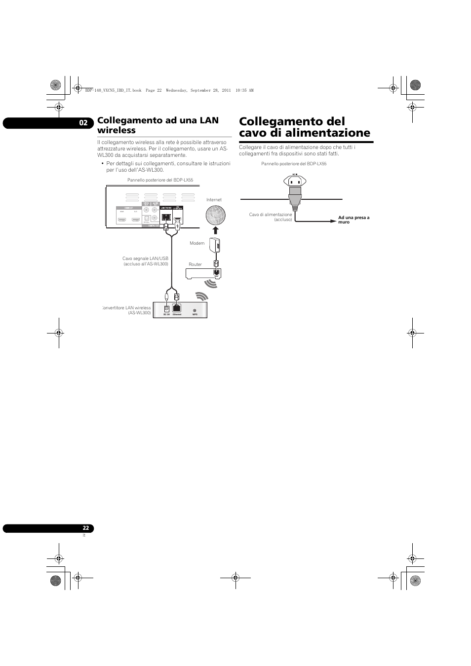 Collegamento ad una lan wi, Reless, Collegamento del cavo di alimentazione | Collegamento ad una lan wireless | Pioneer BDP-140 User Manual | Page 148 / 308