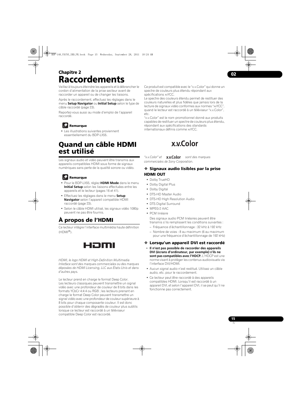 Quand un câble hdmi est utilisé, À propos de l’hdmi, Raccordements | 02 chapitre 2 | Pioneer BDP-140 User Manual | Page 15 / 308
