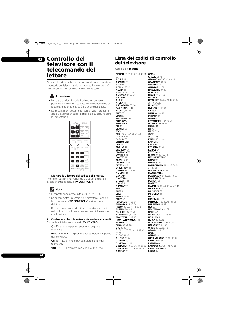 Cont, Rollo del televisore con il telecomando del, Letto | Lista dei codici di cont, Rollo del televisore, Lista dei codici di controllo del televisore | Pioneer BDP-140 User Manual | Page 150 / 308