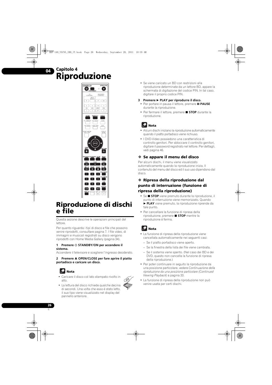 Produzione di dischi e file, Riproduzione, Riproduzione di dischi e file | Capitolo 4 | Pioneer BDP-140 User Manual | Page 152 / 308