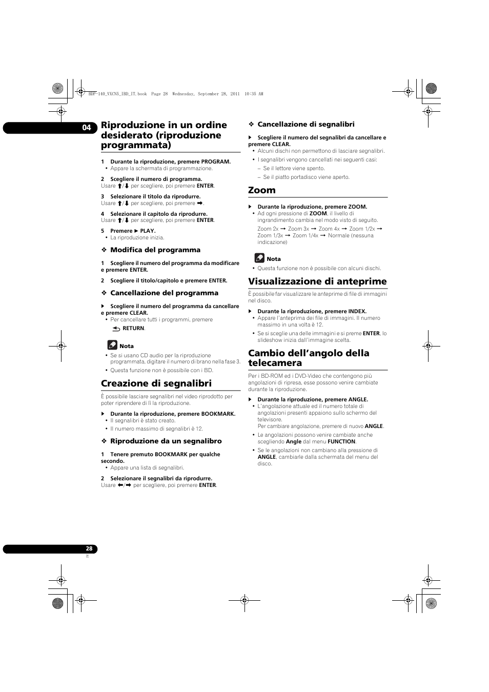 Produzione in un ordine desiderato, Riproduzione programmata), Reazione di segnalibri | Zoom visualizzazione di ante, Prime, Cambio dell’angolo della telecame, Creazione di segnalibri, Zoom, Visualizzazione di anteprime, Cambio dell’angolo della telecamera | Pioneer BDP-140 User Manual | Page 154 / 308