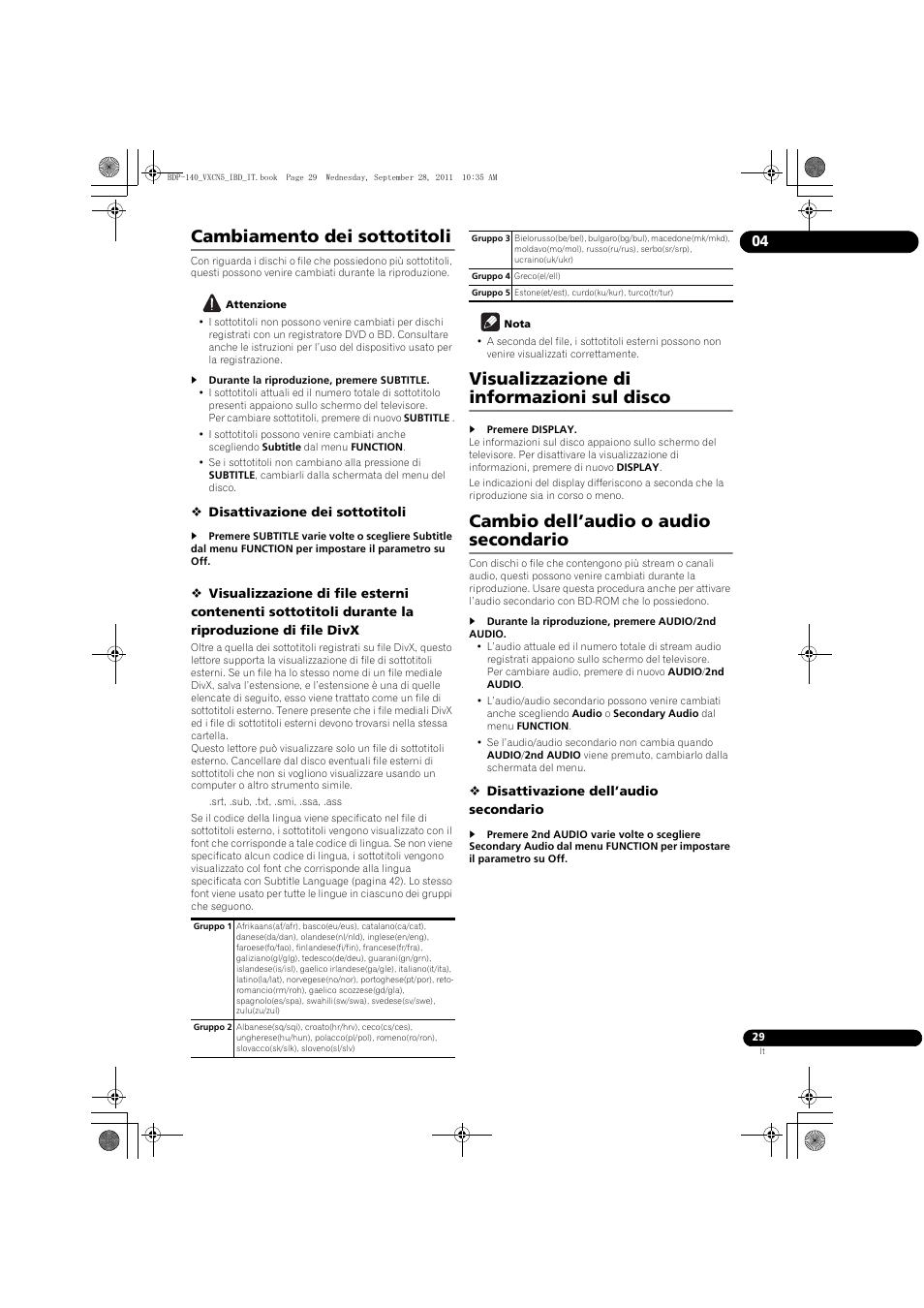 Rmazioni sul disco, Cambio dell’audio o audio seconda, Cambiamento dei sottotitoli | Visualizzazione di informazioni sul disco, Cambio dell’audio o audio secondario | Pioneer BDP-140 User Manual | Page 155 / 308