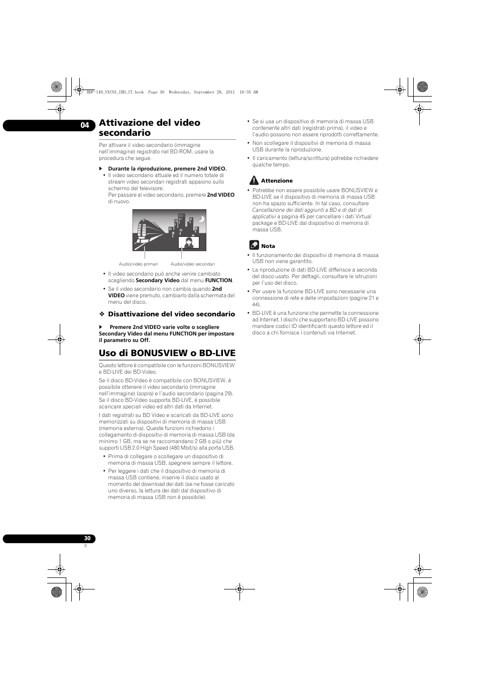 Attivazione del video seconda, Uso di bonusview o bd-live, Attivazione del video secondario | Pioneer BDP-140 User Manual | Page 156 / 308