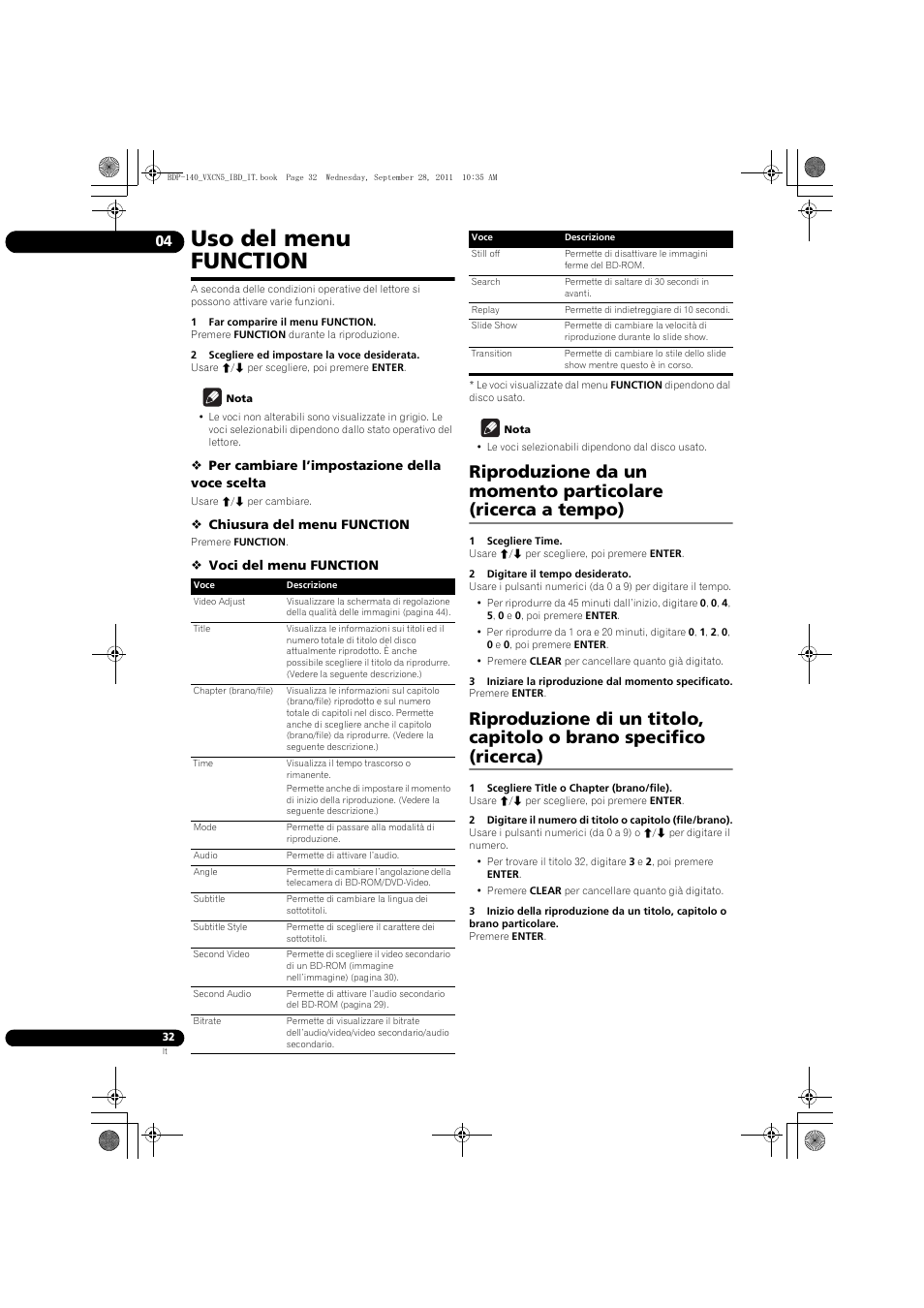 Uso del menu function, Produzione da un momento particolare, Ricerca a tempo) | Produzione di un titolo, capitolo o brano, Pecifico (ricerca) | Pioneer BDP-140 User Manual | Page 158 / 308