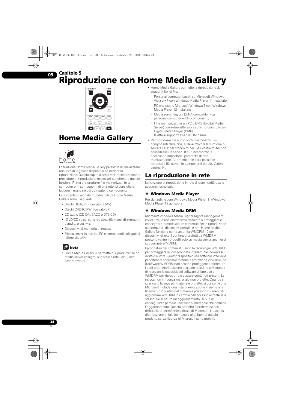 Home media galle, Riproduzione in rete, Riproduzione con home media gallery | Home media gallery, La riproduzione in rete, Capitolo 5 | Pioneer BDP-140 User Manual | Page 160 / 308