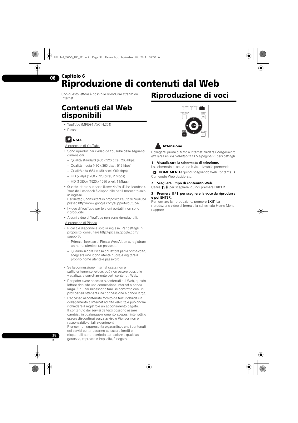 Contenuti dal web dis, Ponibili, Produzione di voci | Riproduzione di contenuti dal web, Contenuti dal web disponibili, Riproduzione di voci, Capitolo 6 | Pioneer BDP-140 User Manual | Page 164 / 308