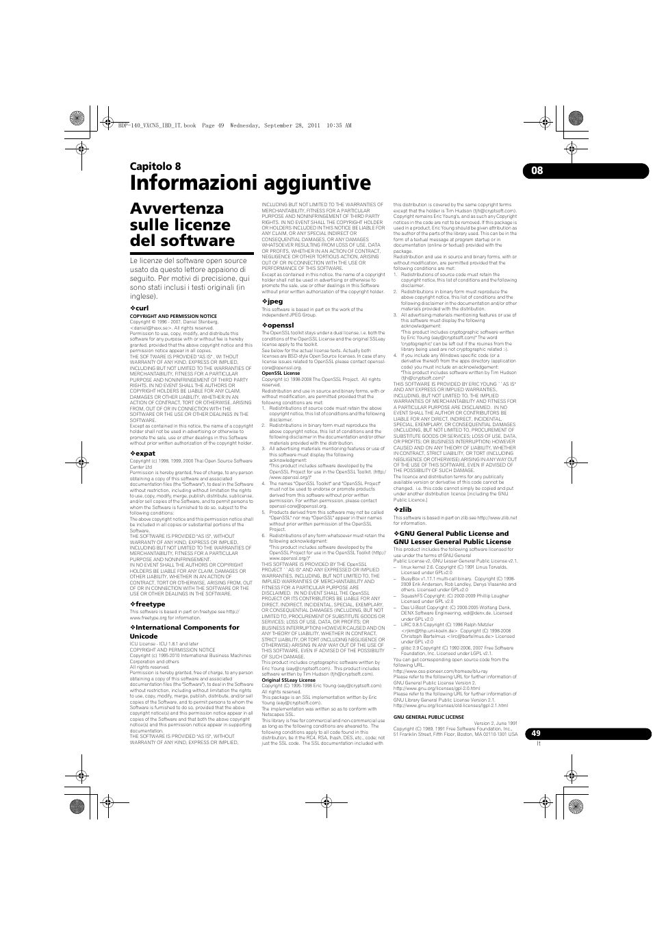 Avve, Rtenza sulle licenze del software, Informazioni aggiuntive | Avvertenza sulle licenze del software, 08 capitolo 8 | Pioneer BDP-140 User Manual | Page 175 / 308