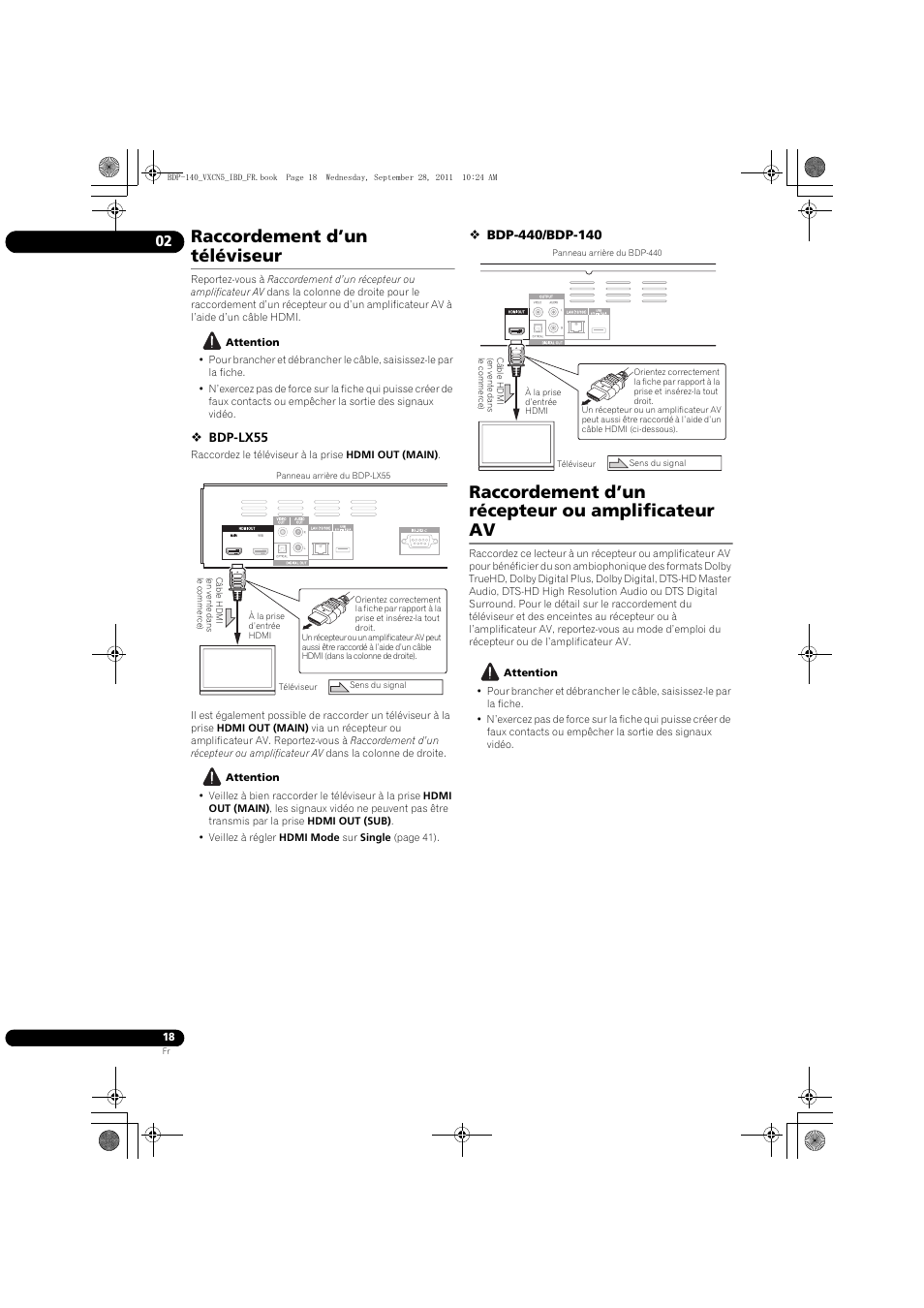 Raccordement d’un téléviseur, Raccordement d’un récepteur ou amplificateur av | Pioneer BDP-140 User Manual | Page 18 / 308