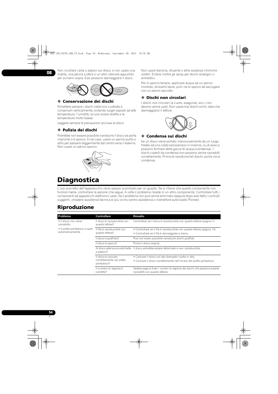 Diagnostica, Produzione, Riproduzione | Pioneer BDP-140 User Manual | Page 180 / 308