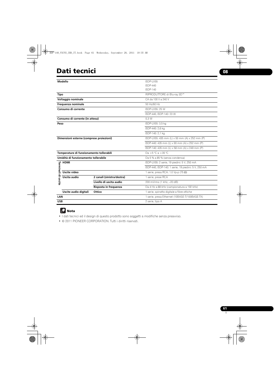 Dati tecnici | Pioneer BDP-140 User Manual | Page 187 / 308