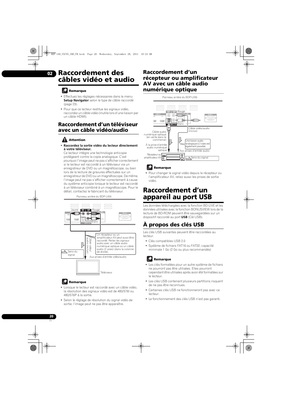 Raccordement des câbles vidéo et audio, Raccordement d’un appareil au port usb, À propos des clés usb | Pioneer BDP-140 User Manual | Page 20 / 308