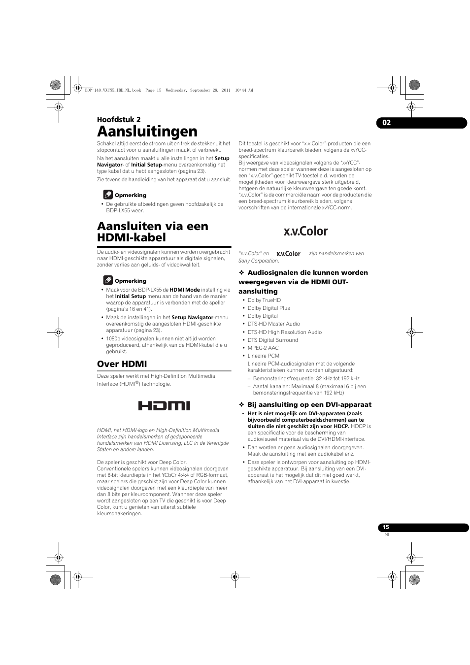 Aansluiten via een hdmi-kabel, Over hdmi, Aansluitingen | 02 hoofdstuk 2 | Pioneer BDP-140 User Manual | Page 201 / 308