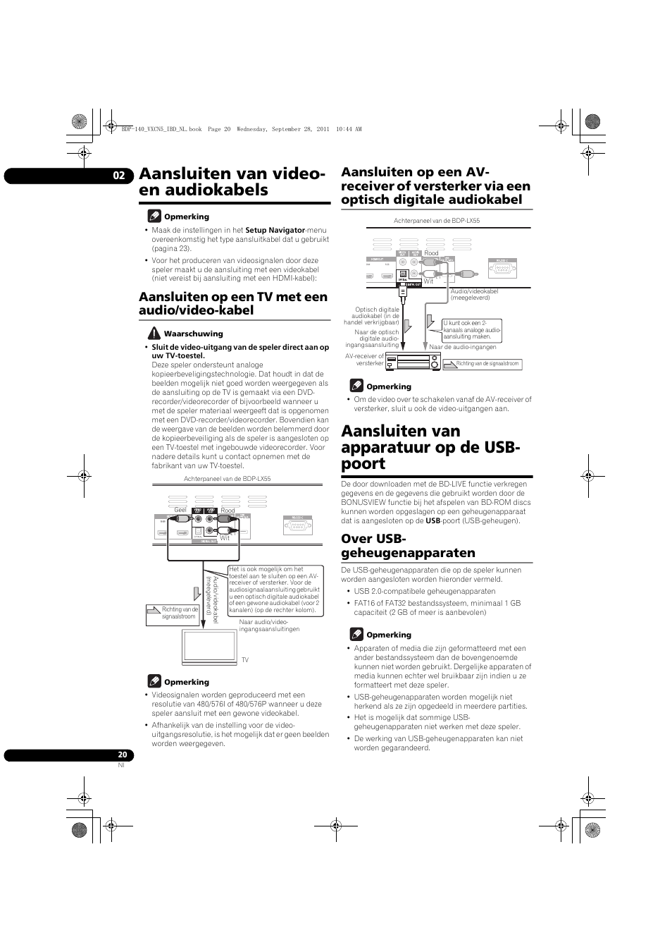 Aansluiten van video- en audiokabels, Aansluiten van apparatuur op de usb-poort, Over usb-geheugenapparaten | Aansluiten van apparatuur op de usb- poort, Aansluiten op een tv met een audio/video-kabel, Over usb- geheugenapparaten | Pioneer BDP-140 User Manual | Page 206 / 308