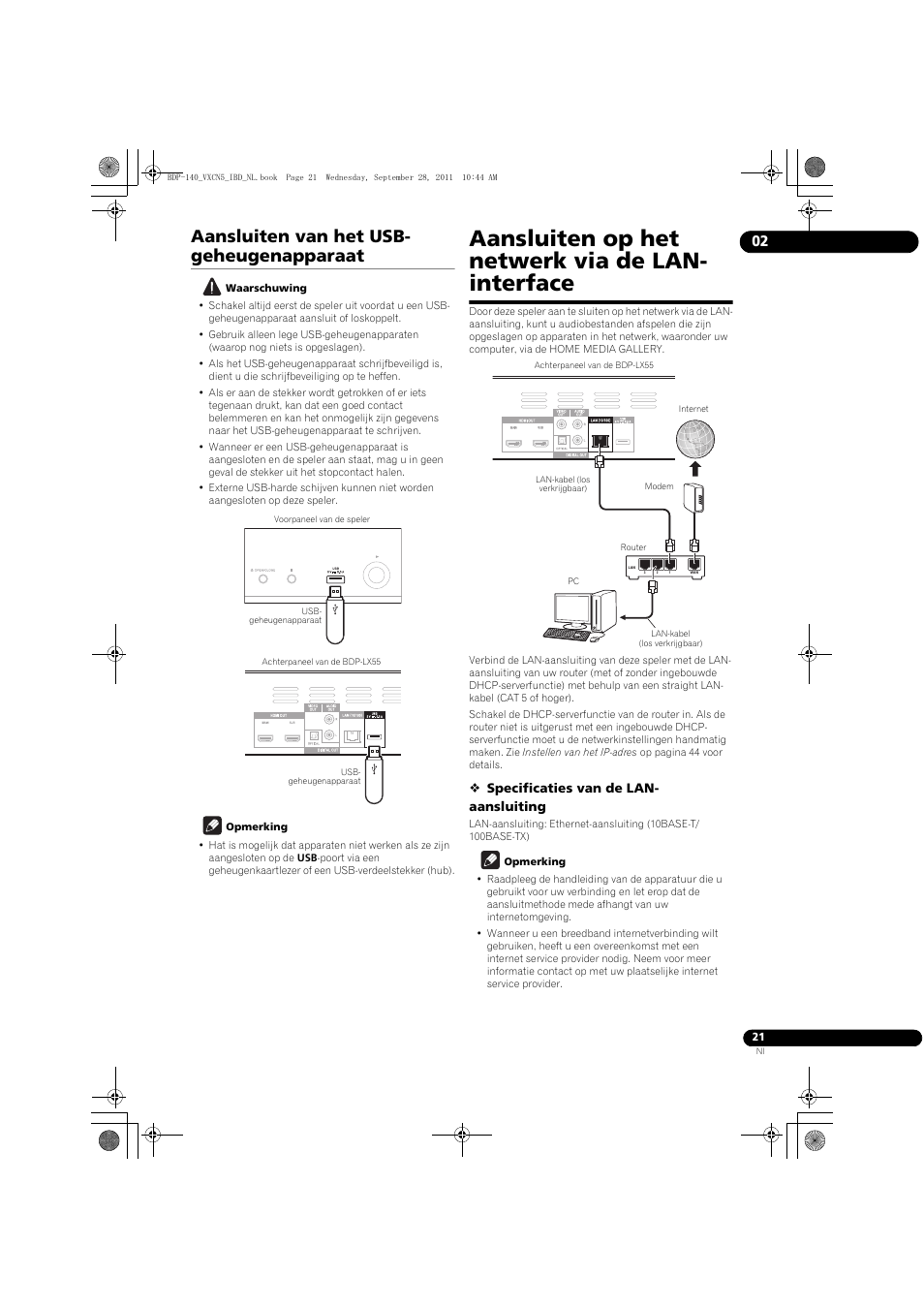 Aansluiten van het usb-geheugenapparaat, Aansluiten op het netwerk via de lan-interface, Aansluiten op het netwerk via de lan- interface | Aansluiten van het usb- geheugenapparaat | Pioneer BDP-140 User Manual | Page 207 / 308