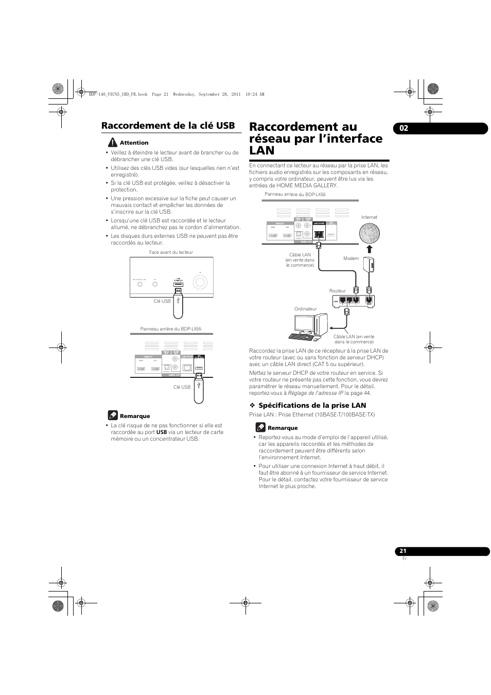 Raccordement de la clé usb, Raccordement au réseau par l’interface lan | Pioneer BDP-140 User Manual | Page 21 / 308