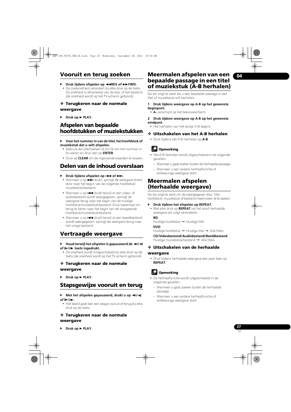 Vooruit en terug zoeken, Delen van de inhoud overslaan, Vertraagde weergave | Stapsgewijze vooruit en terug, Meermalen afspelen (herhaalde weergave) | Pioneer BDP-140 User Manual | Page 213 / 308