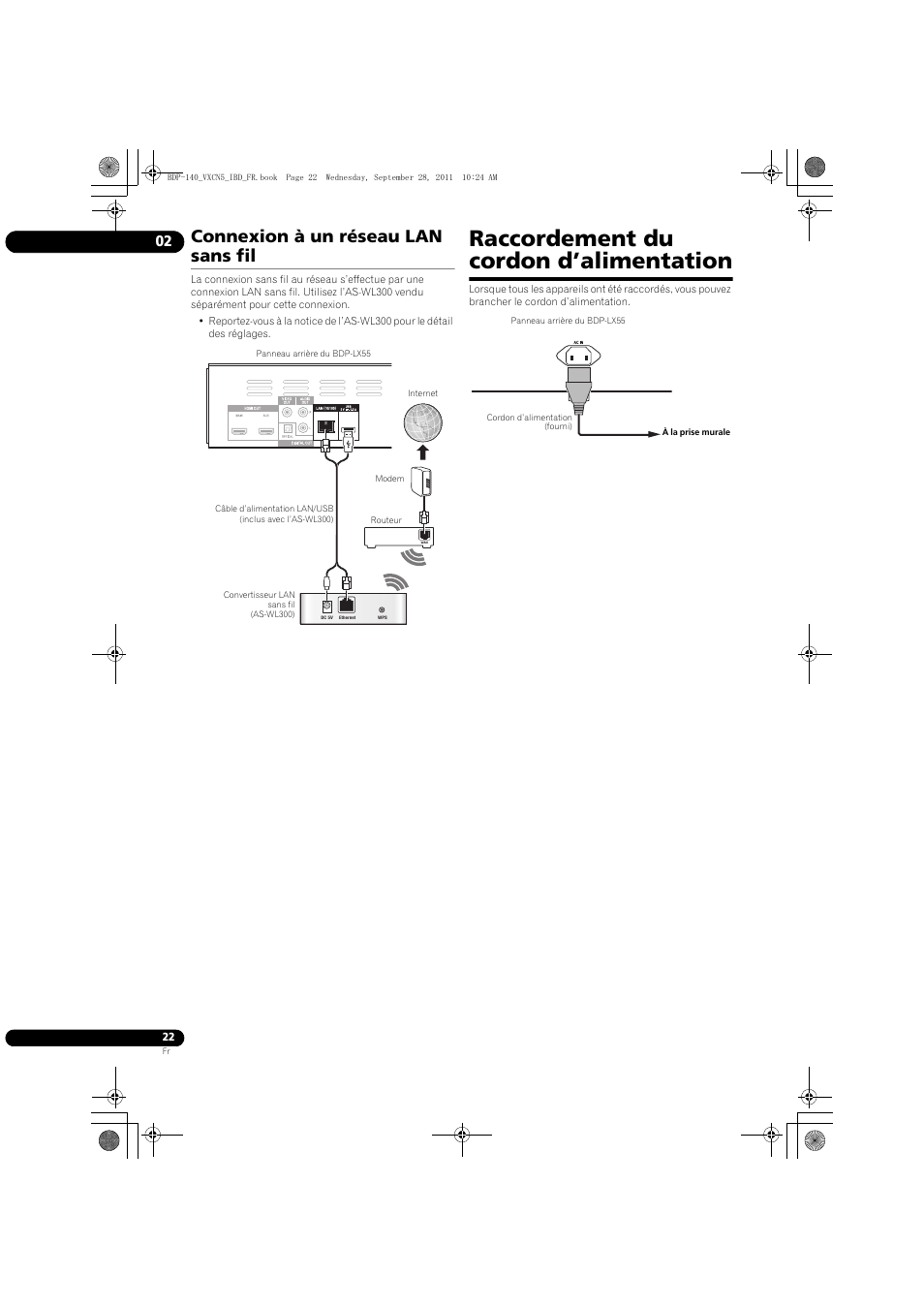 Connexion à un réseau lan sans fil, Raccordement du cordon d’alimentation | Pioneer BDP-140 User Manual | Page 22 / 308