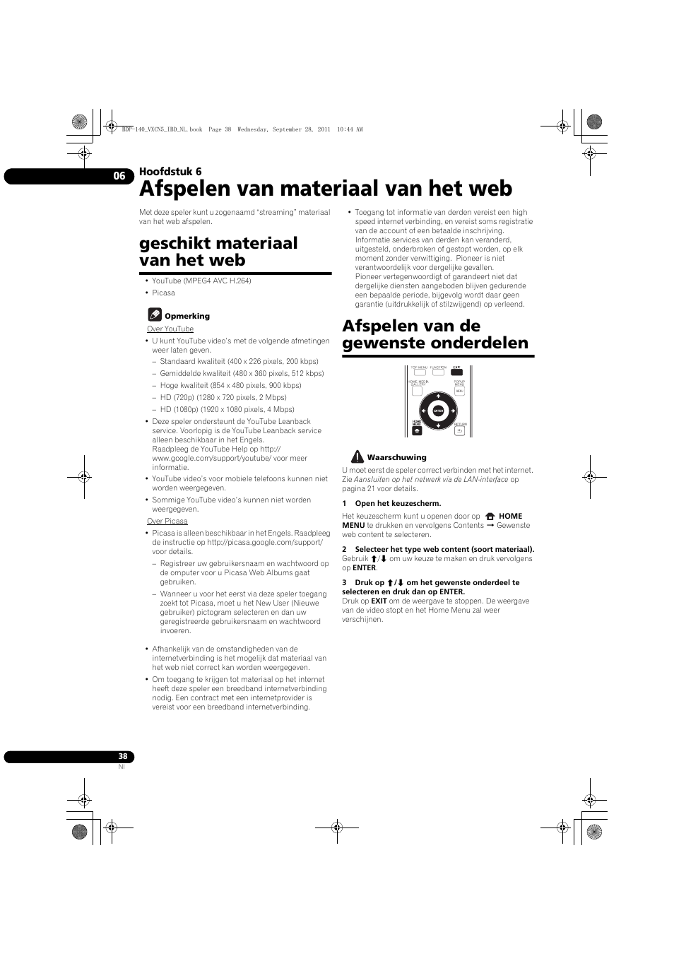 Afspelen van materiaal van het web, Geschikt materiaal van het web, Afspelen van de gewenste onderdelen | Hoofdstuk 6 | Pioneer BDP-140 User Manual | Page 224 / 308