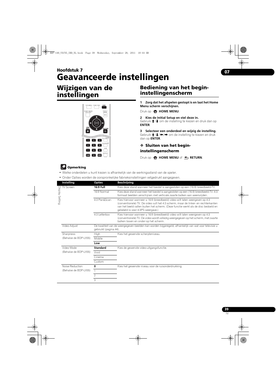 Wijzigen van de instellingen, Bediening van het begin-instellingenscherm, Geavanceerde instellingen | Bediening van het begin- instellingenscherm, 07 hoofdstuk 7 | Pioneer BDP-140 User Manual | Page 225 / 308