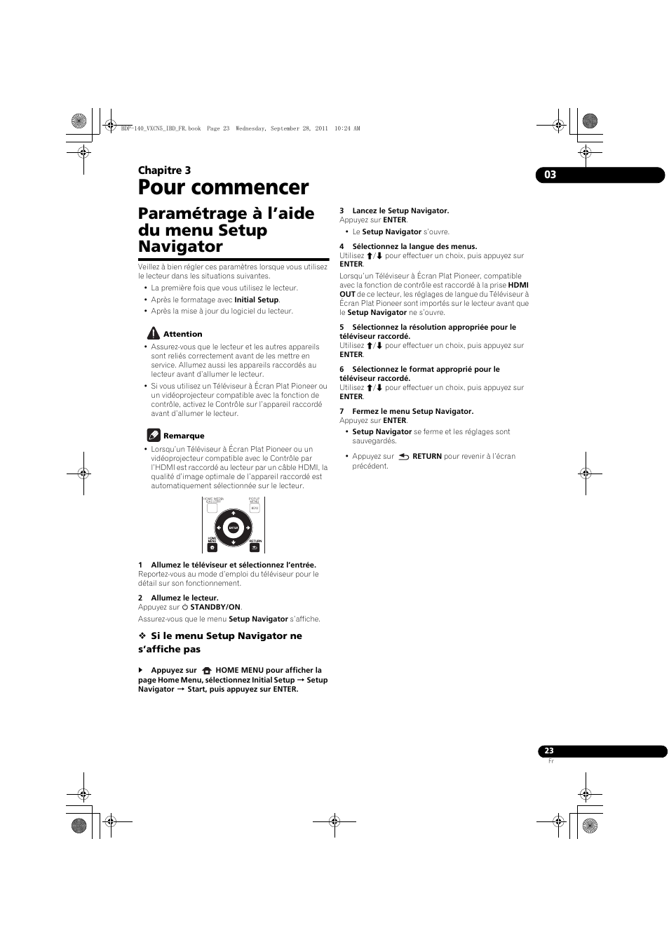 Paramétrage à l’aide du menu setup navigator, Pour commencer, 03 chapitre 3 | Pioneer BDP-140 User Manual | Page 23 / 308