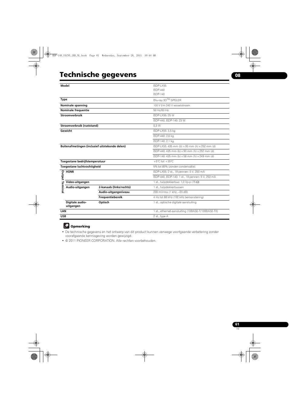 Technische gegevens | Pioneer BDP-140 User Manual | Page 247 / 308