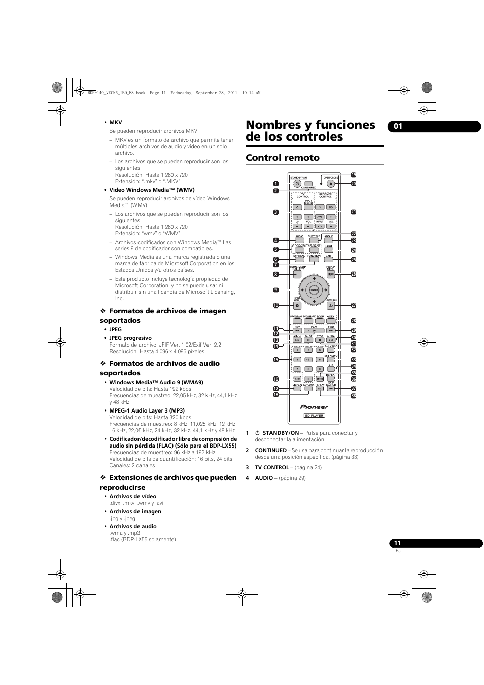 Nombres y funciones de los controles, Control remoto | Pioneer BDP-140 User Manual | Page 257 / 308