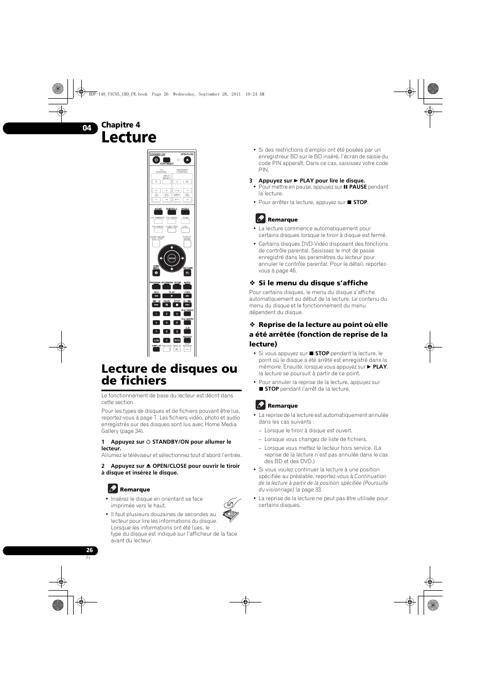 Lecture de disques ou de fichiers, Lecture, Chapitre 4 | Pioneer BDP-140 User Manual | Page 26 / 308