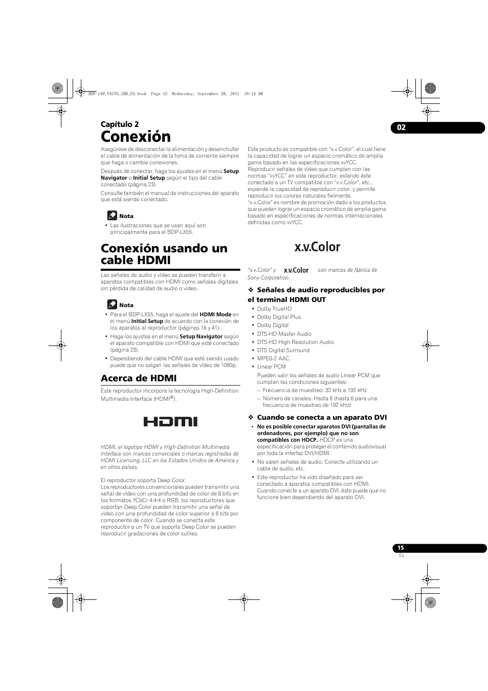 Conexión usando un cable hdmi, Acerca de hdmi, Conexión | 02 capítulo 2 | Pioneer BDP-140 User Manual | Page 261 / 308