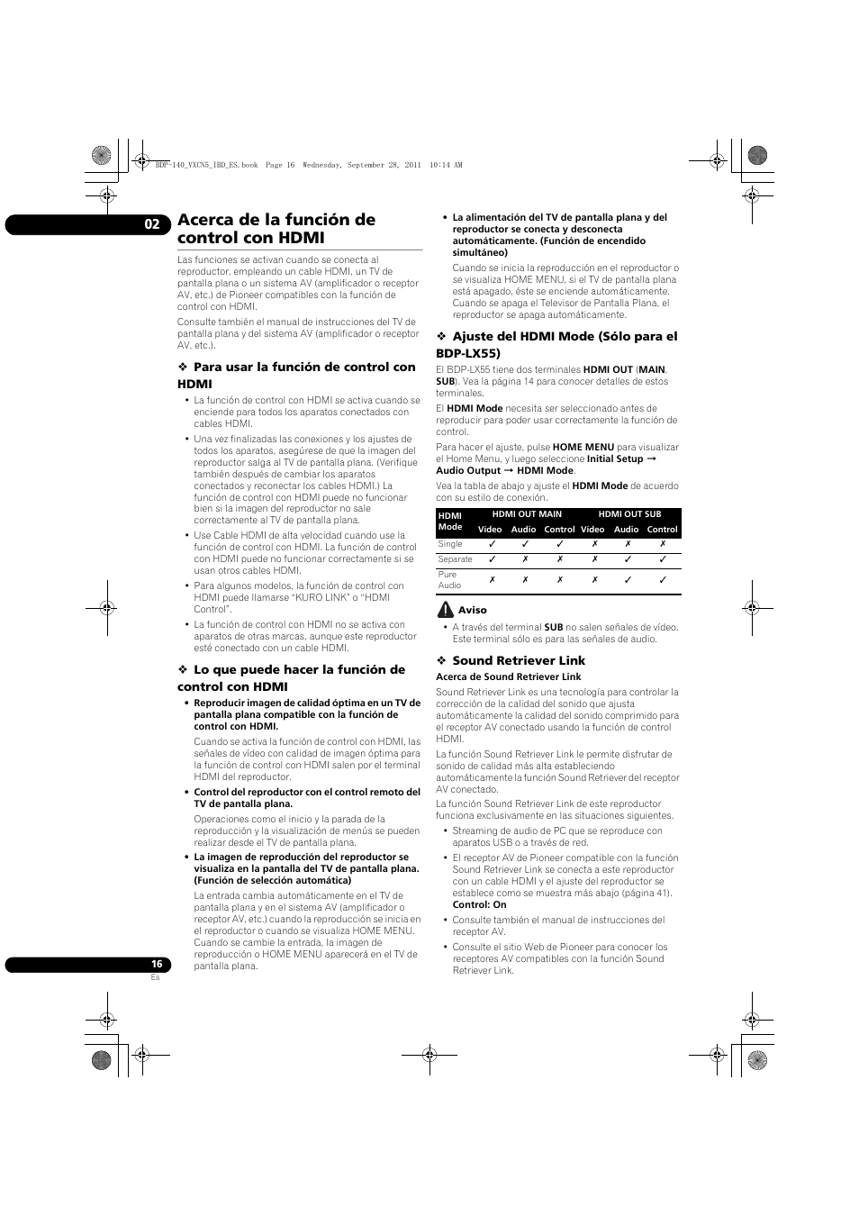 Acerca de la función de control con hdmi | Pioneer BDP-140 User Manual | Page 262 / 308