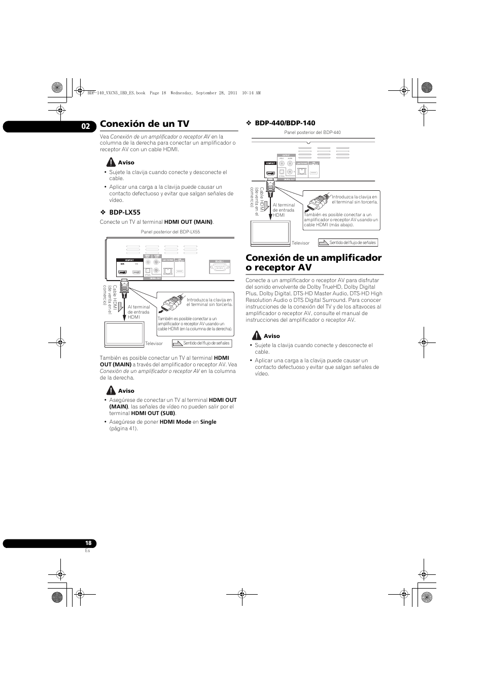 Conexión de un tv, Conexión de un amplificador o receptor av | Pioneer BDP-140 User Manual | Page 264 / 308